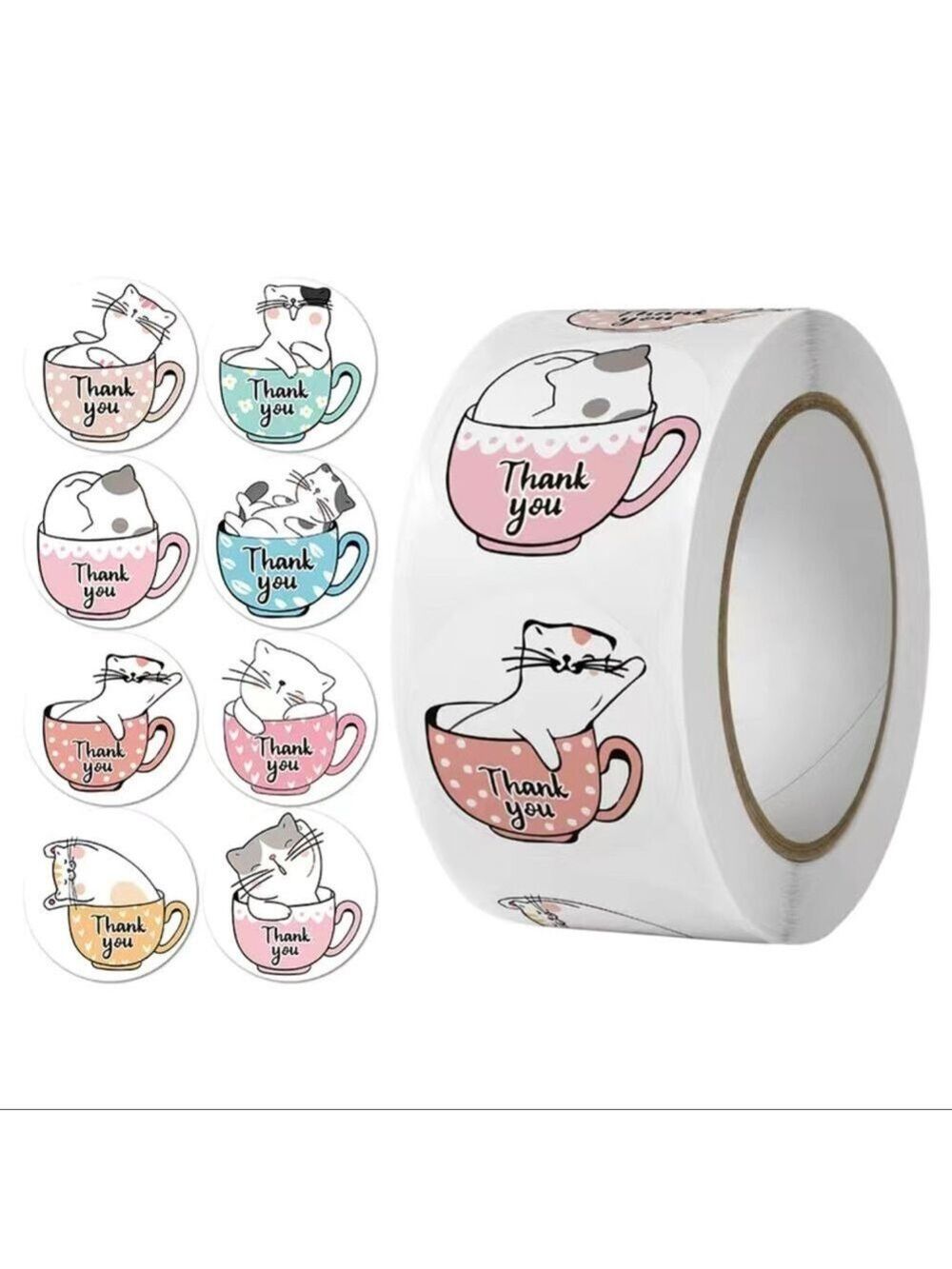 500 1” Stickers, Kitty in Teacup, 1 inch , Thank You, Roll, PRICE IS FIRM - Picture 3 of 3